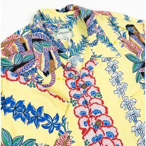 Kamehameha Hawaiian Shirt Lei Lady Mens XL Yellow Tropical Print Rayon USA Aloha